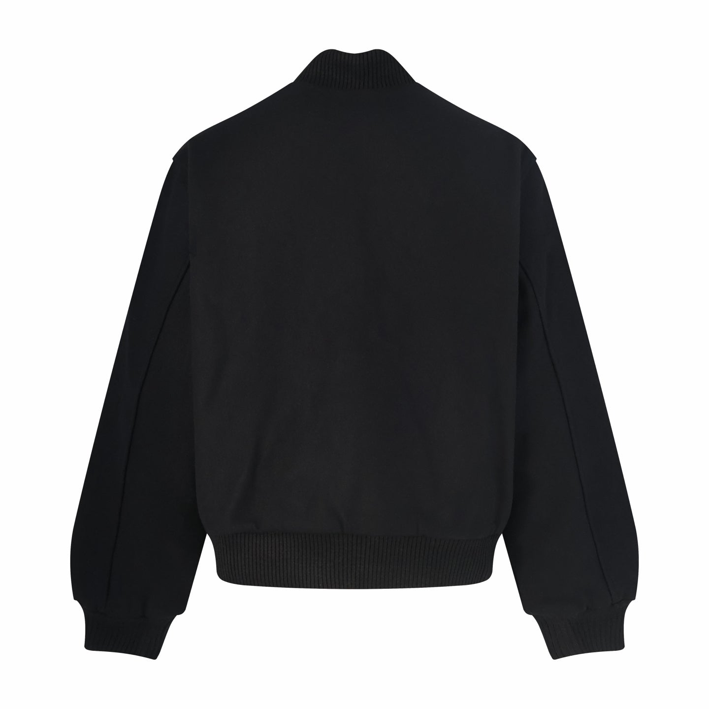 Black zip-up varsity jacket with ribbed hem and cuffs