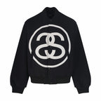 Black zip-up varsity jacket with large white double C logo