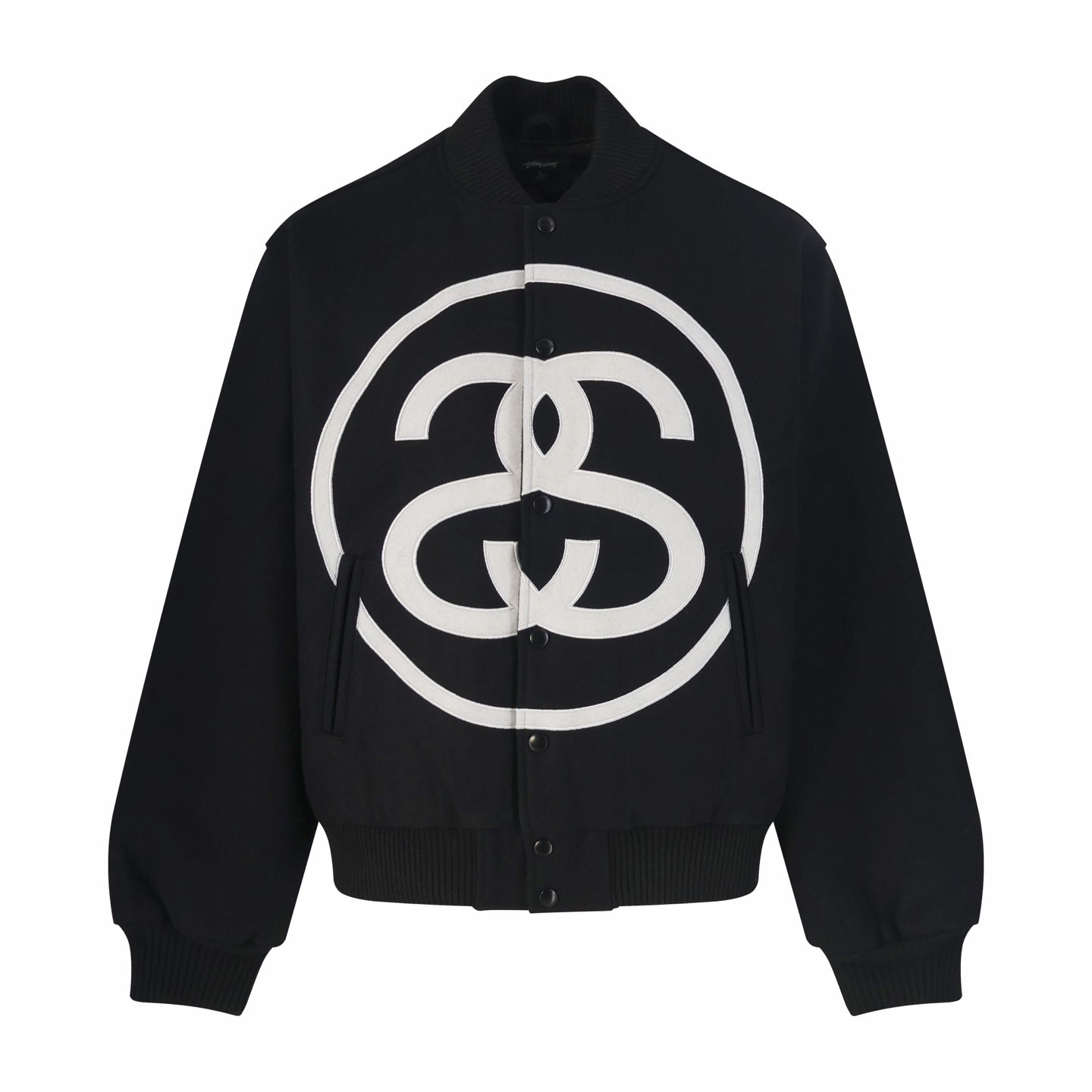 Black zip-up varsity jacket with large white double C logo