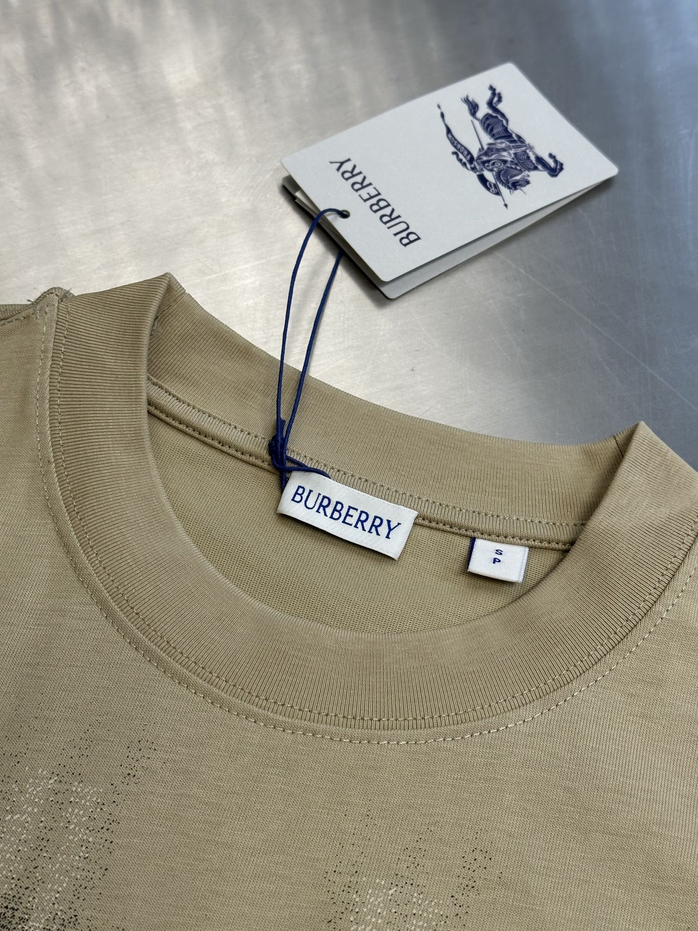 Beige crew-neck shirt with short sleeves and Burberry neck label