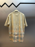 Beige short-sleeve shirt with crew neck and check plaid hem panel