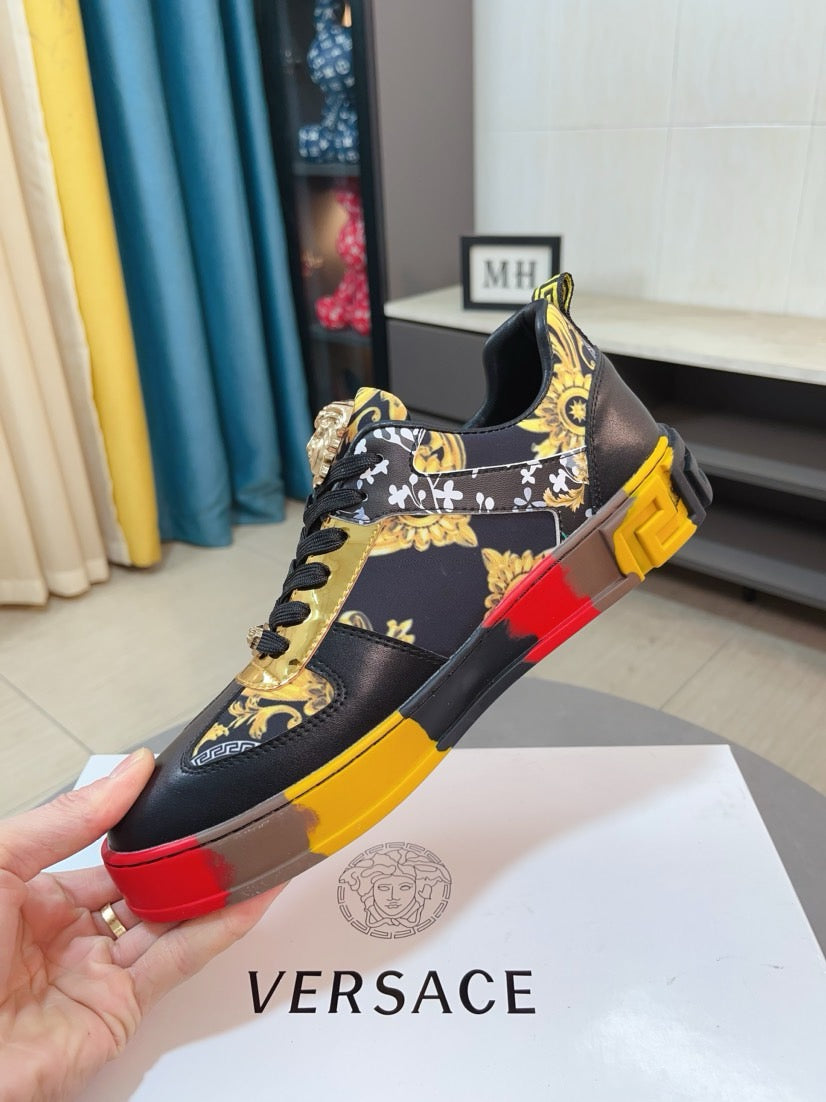 Luxury Versace high-top sneakers, black with gold print, red and yellow side strap detail
