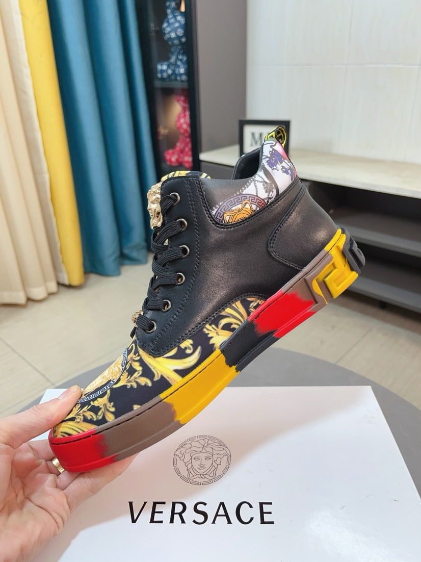 Versace high-top sneaker, dark upper with baroque trim, red and yellow sole detail