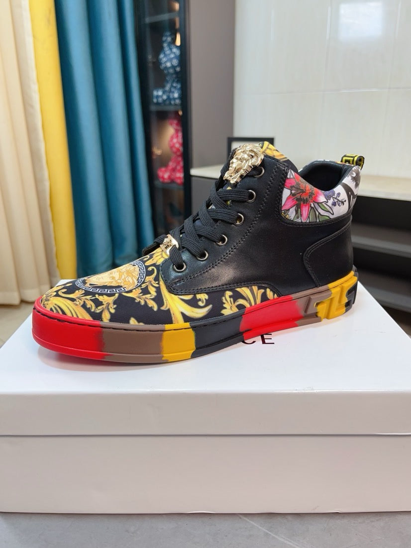 Versace high-top sneaker, black upper with gold and blue baroque detail, red/yellow sole