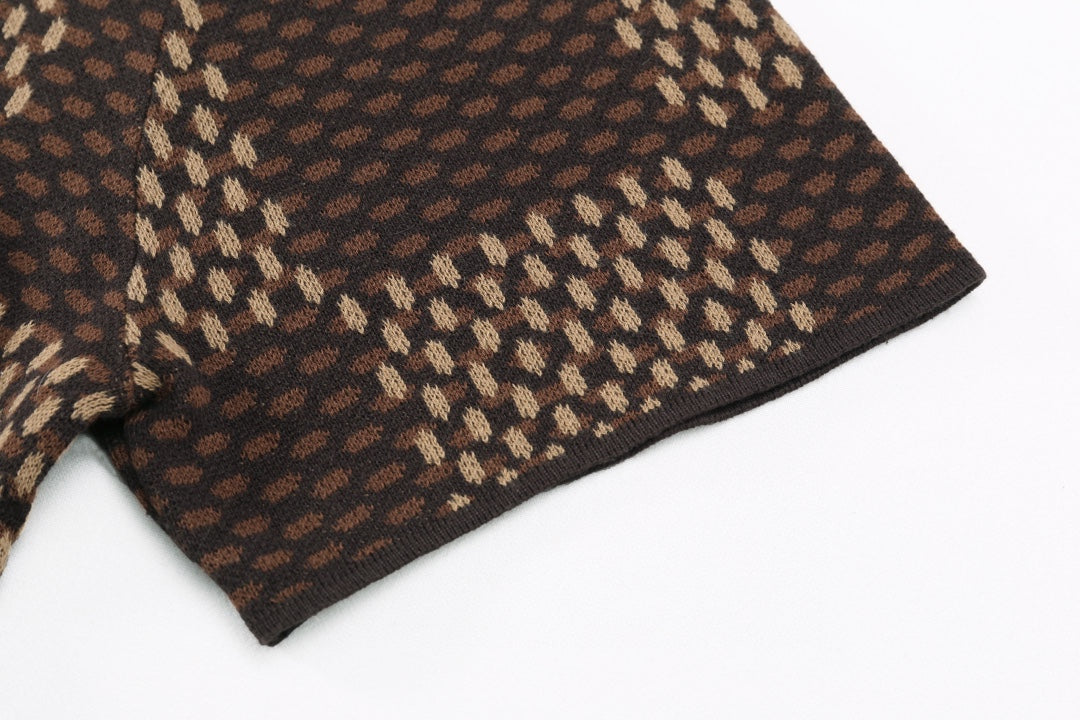 Louis Vuitton brown check knit short-sleeve shirt sleeve and curved hem