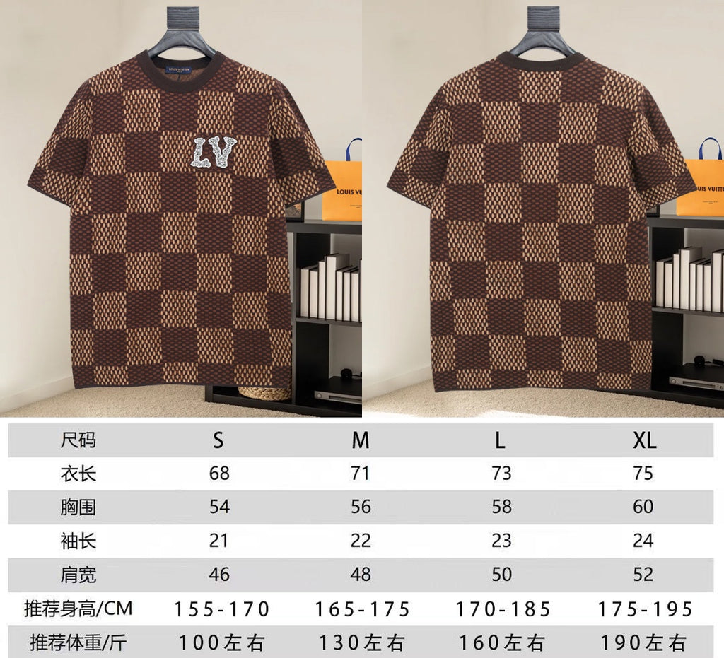 Louis Vuitton brown checkered short-sleeve shirts with size chart shown below