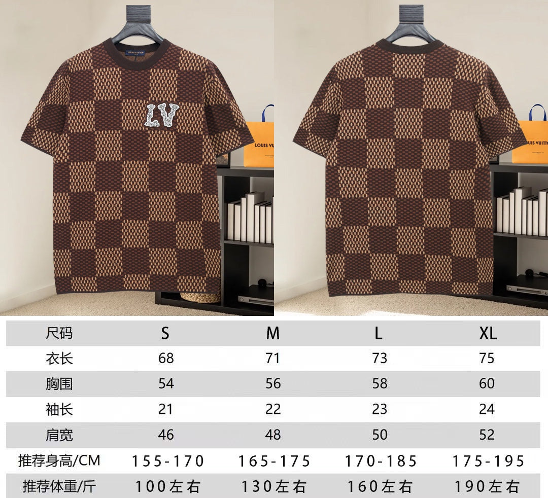 Louis Vuitton brown checkered short-sleeve shirts with size chart shown below