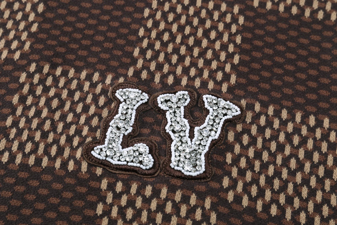 Louis Vuitton LV rhinestone patch on brown check knit short-sleeve shirt