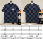 Front and back check-pattern T-shirt; size chart shown below in a layout