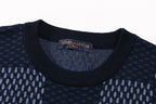 Check-pattern T-shirt with ribbed crew neck and small LV logo label at collar