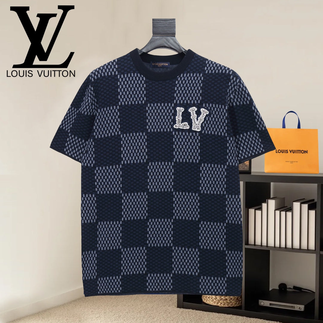 Louis Vuitton check-pattern short-sleeve T-shirt with LV logo applique, crew neck