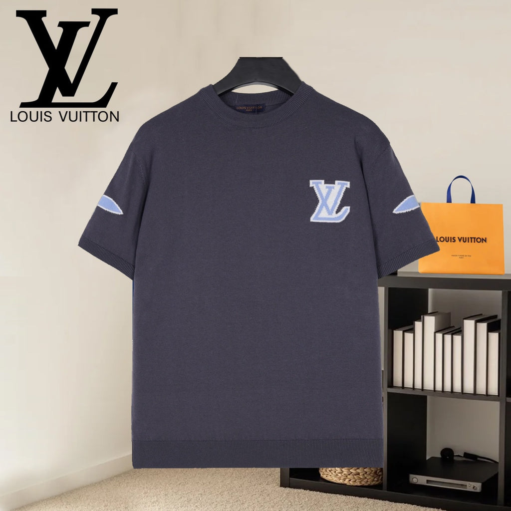 Louis Vuitton dark navy short-sleeve shirt with blue LV motifs on chest and sleeves