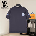 Louis Vuitton dark navy short-sleeve shirt with blue LV motifs on chest and sleeves