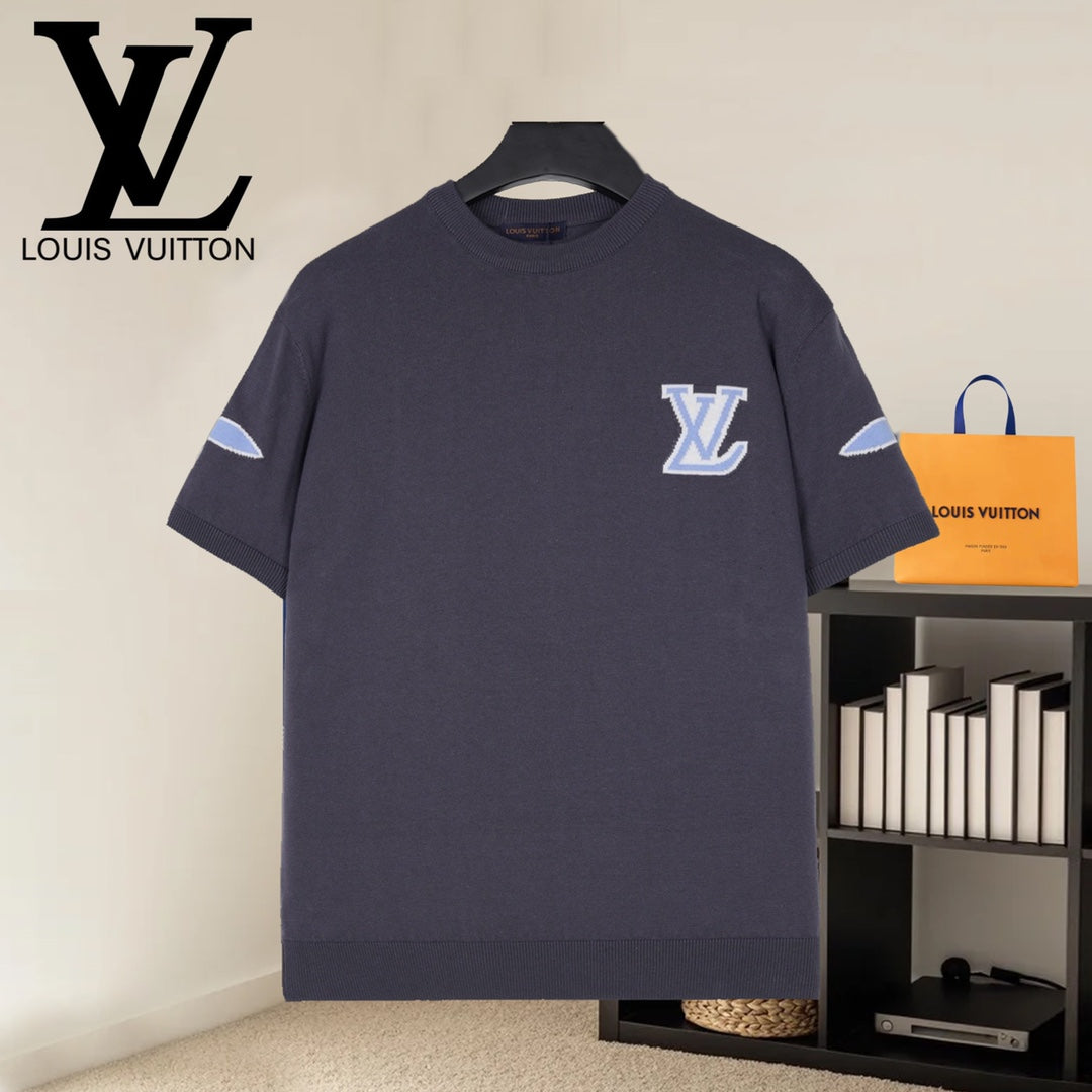 Louis Vuitton dark navy short-sleeve shirt with blue LV motifs on chest and sleeves