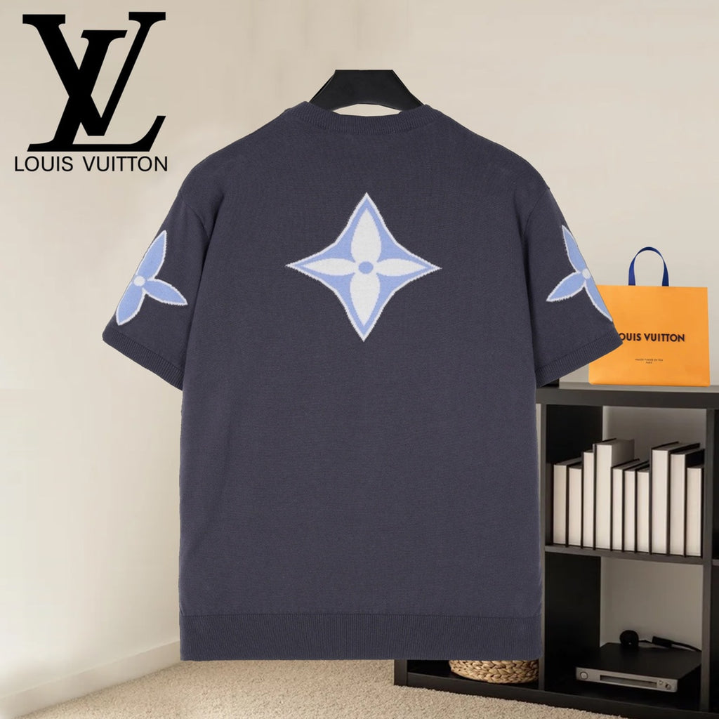 Louis Vuitton dark navy short-sleeve shirt with large blue LV emblem on back and sleeve