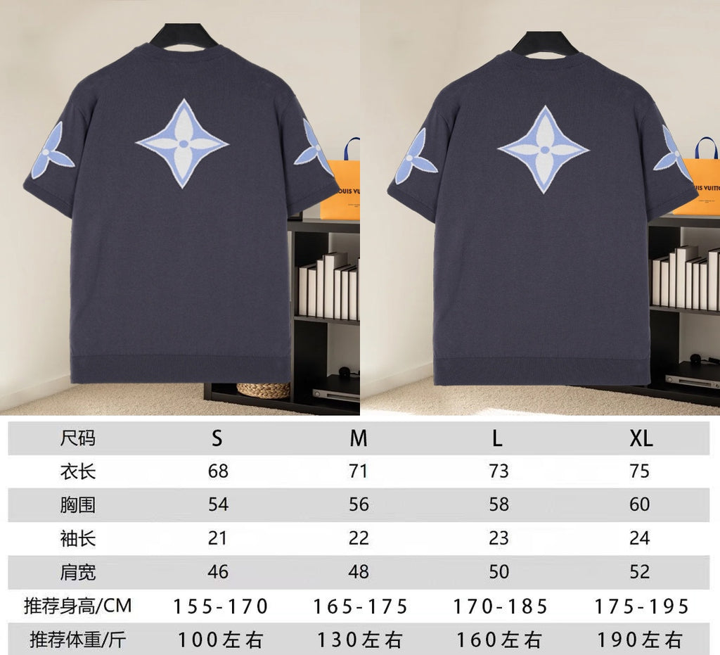 Louis Vuitton dark navy short-sleeve shirts, front and back views with blue emblem