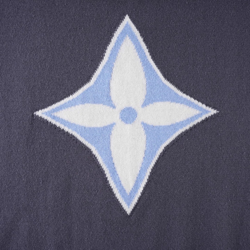Louis Vuitton dark navy short-sleeve shirt with blue-and-white diamond flower emblem
