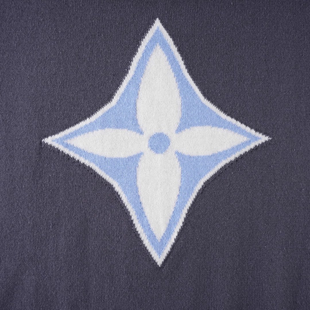 Louis Vuitton dark navy short-sleeve shirt with blue-and-white diamond flower emblem