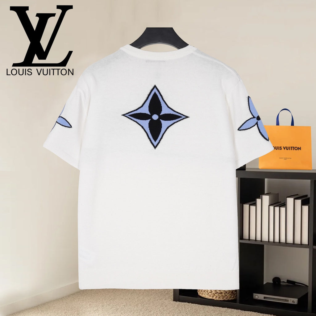 White Louis Vuitton T-shirt with large blue LV-style star logo on back