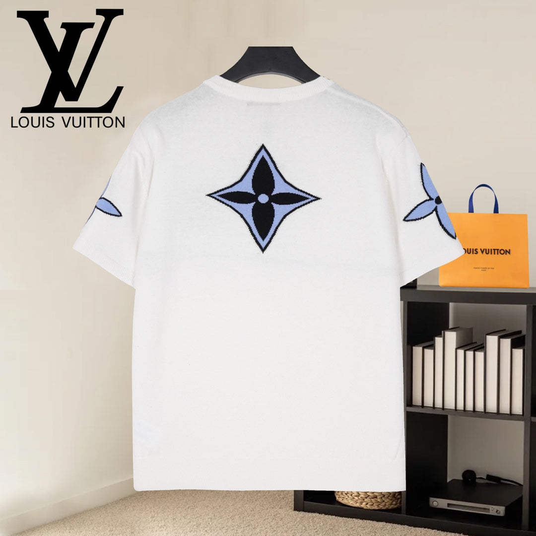 White Louis Vuitton T-shirt with large blue LV-style star logo on back