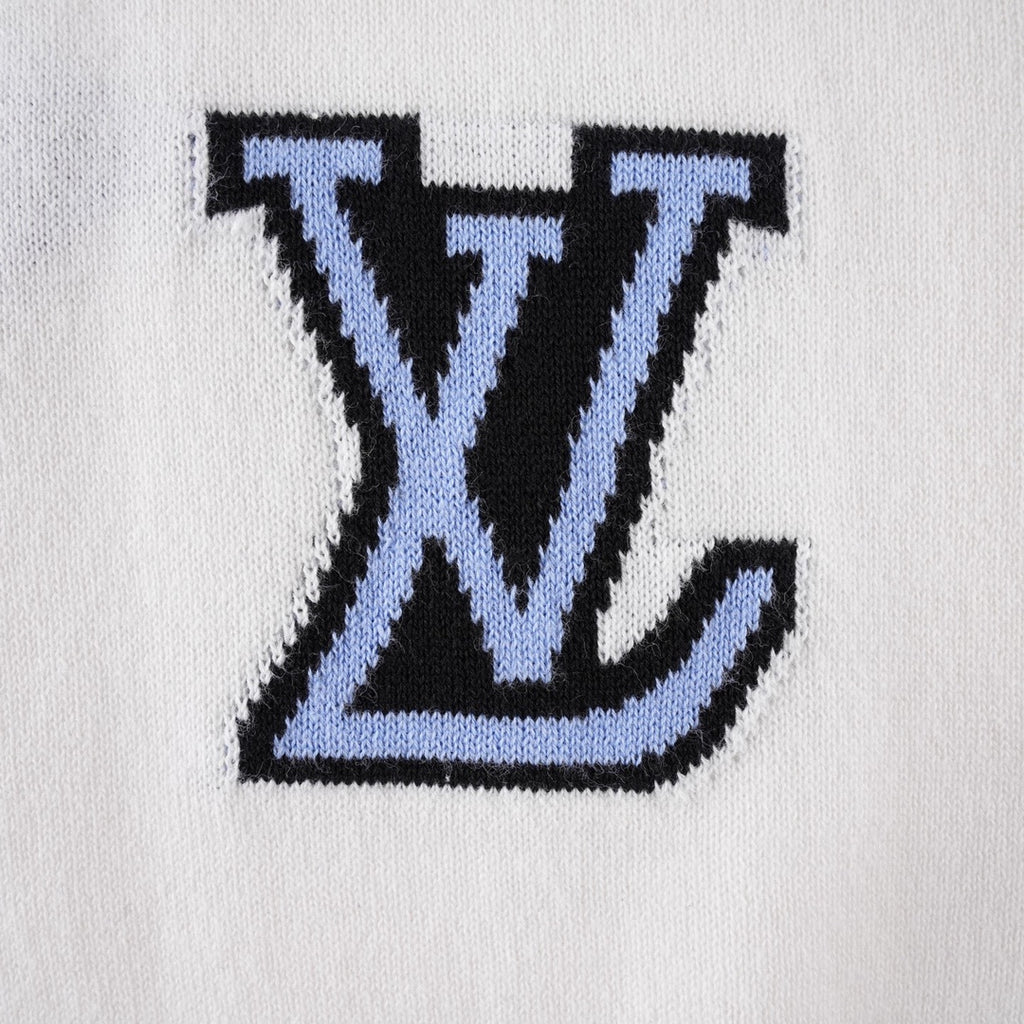 White T-shirt close-up of blue LV monogram embroidery