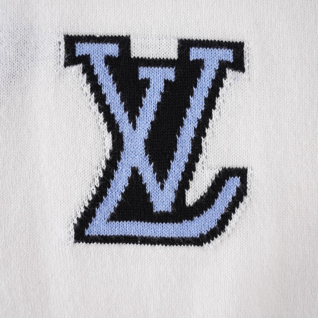 White T-shirt close-up of blue LV monogram embroidery