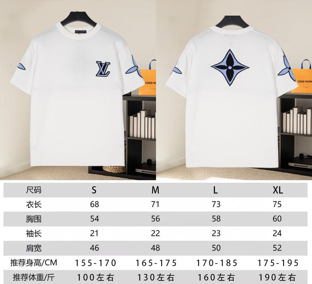 White Louis Vuitton T-shirt front and back logos with size chart overlay