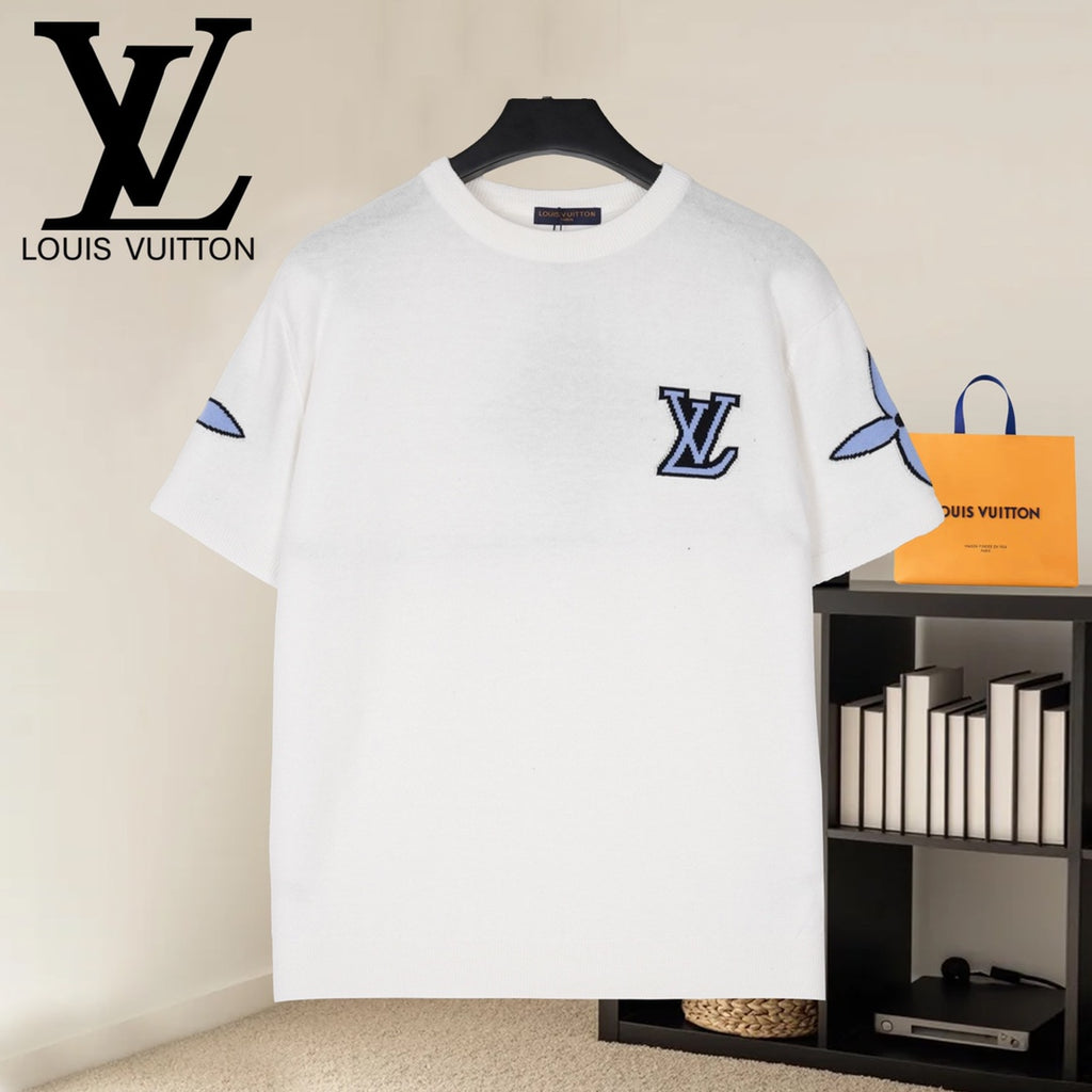 White Louis Vuitton T-shirt with blue LV logo on front, blue sleeve accents
