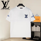 White Louis Vuitton T-shirt with blue LV logo on front, blue sleeve accents