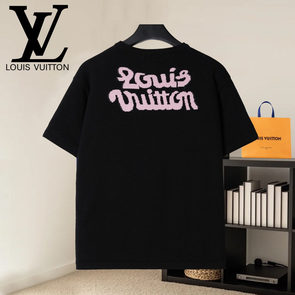 Louis Vuitton black T-shirt with pink scripted back logo graphic