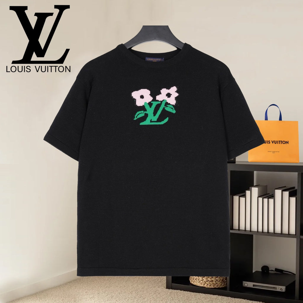 Louis Vuitton black T-shirt with pink flower and green logo graphic