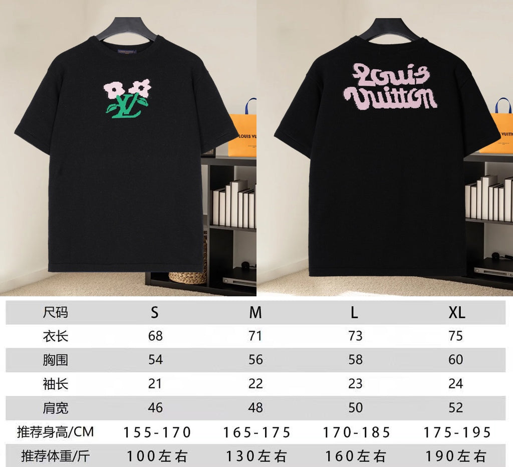 Louis Vuitton black T-shirt front and back views with size chart