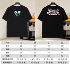 Louis Vuitton black T-shirt front and back views with size chart