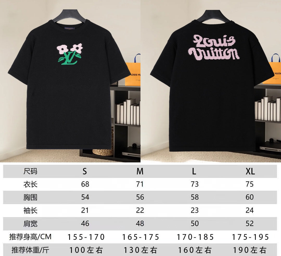 Louis Vuitton black T-shirt front and back views with size chart