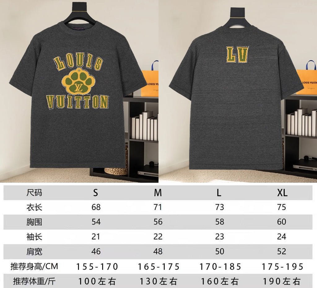 Dark gray Louis Vuitton T-shirt front/back views with size chart overlay