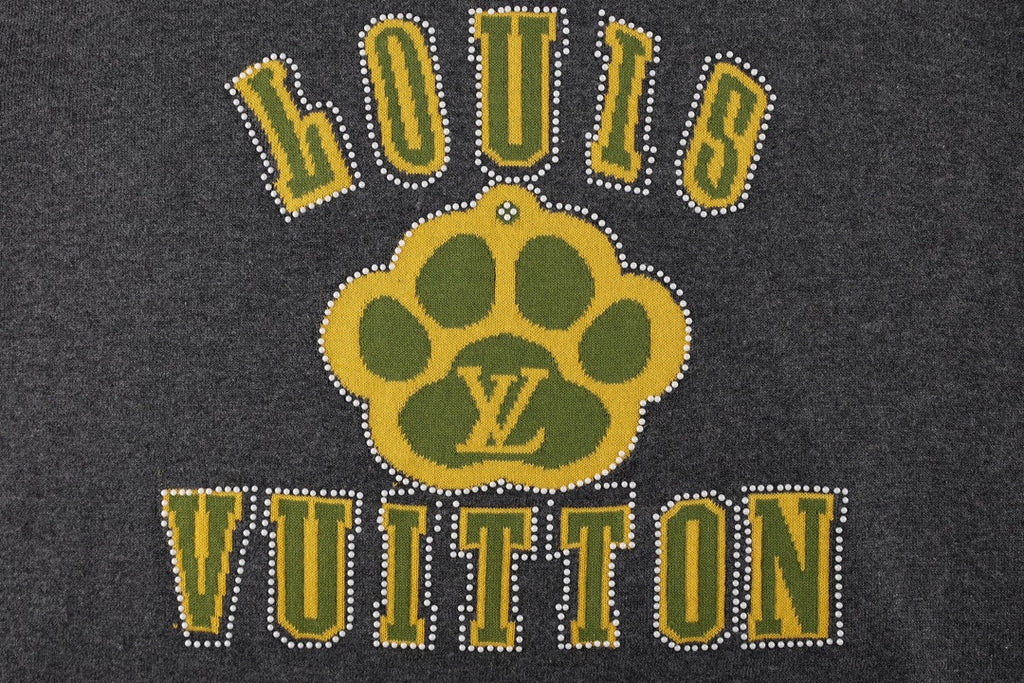 Dark gray T-shirt front with rhinestone-style Louis Vuitton paw and "LOUIS VUITTON" text