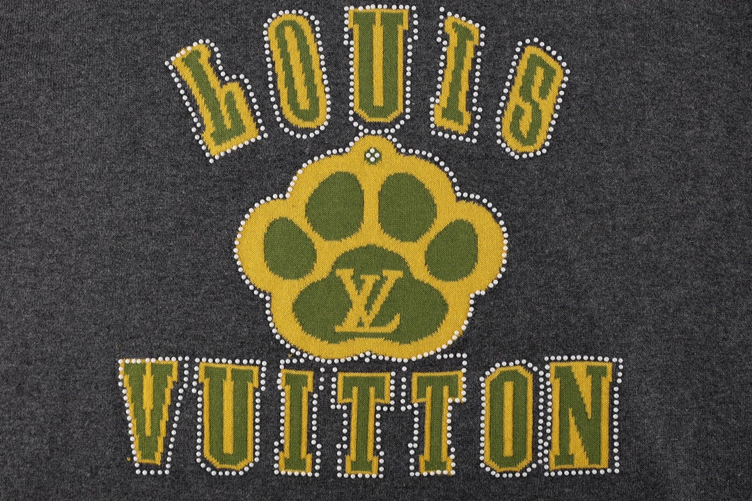 Dark gray T-shirt front with rhinestone-style Louis Vuitton paw and "LOUIS VUITTON" text
