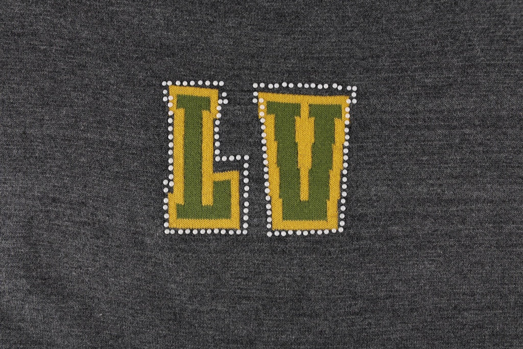 Dark gray T-shirt with rhinestone-style LV logo on the chest