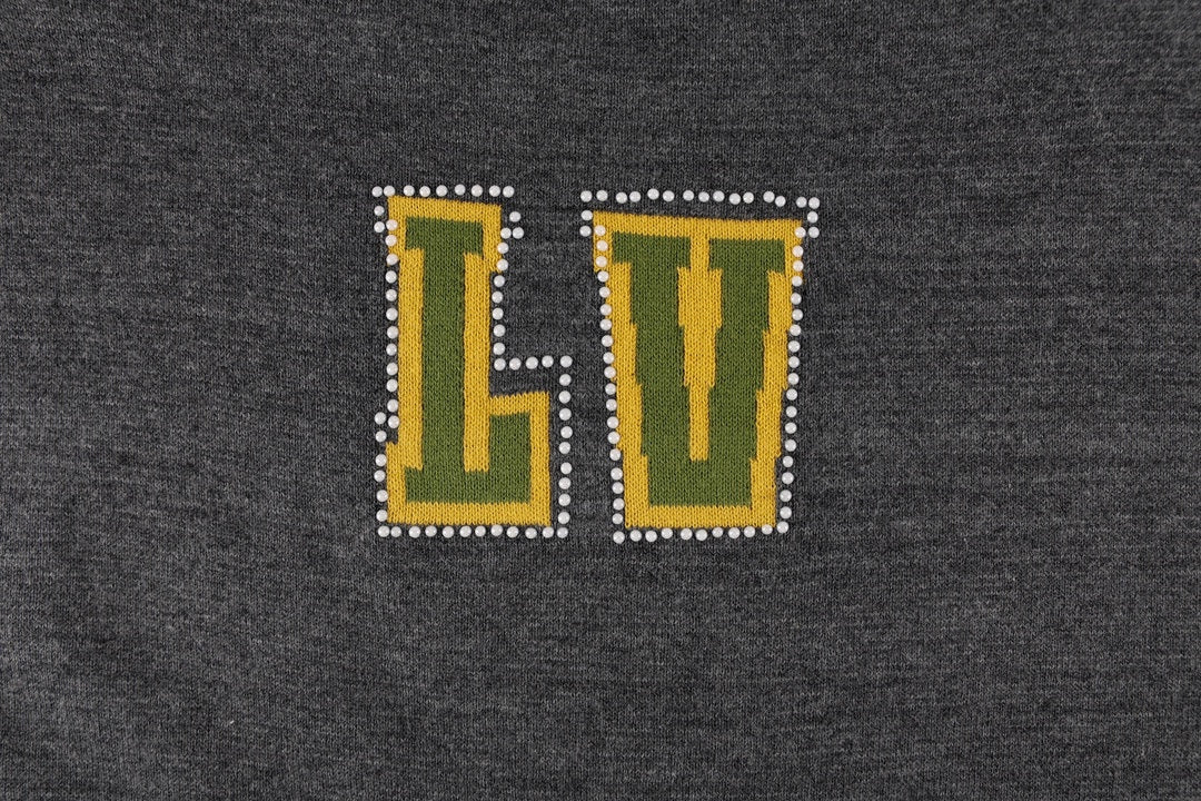 Dark gray T-shirt with rhinestone-style LV logo on the chest