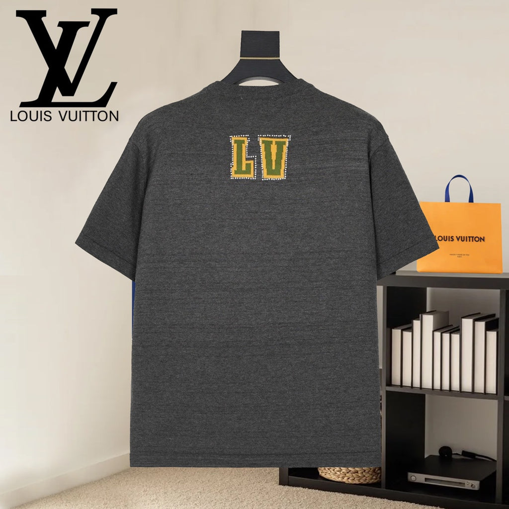 Dark gray T-shirt with Louis Vuitton LV monogram logo on the back