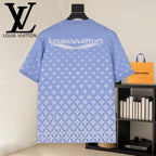 Short-sleeve shirt in light blue with white repeating pattern and logo print on the back