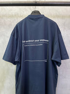 Dark blue short-sleeve T-shirt with back slogan panel and sleeve logo marks