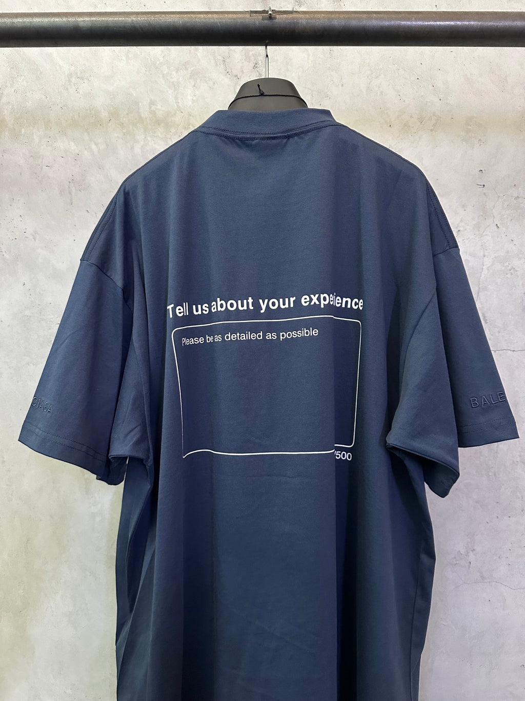 Balenciaga dark blue back-print T-shirt with slogan panel and '500' mark