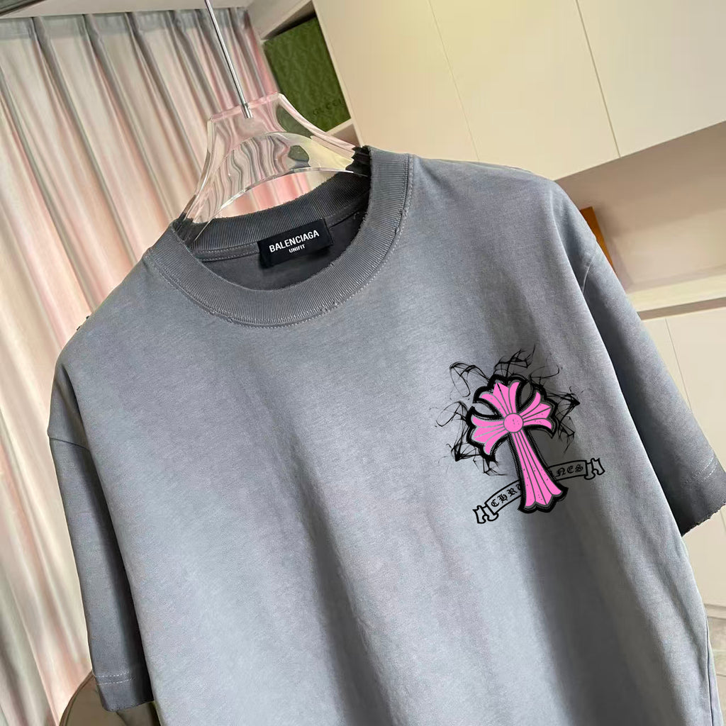 Gray crew-neck T-shirt with pink cross-flower logo graphic on the chest