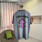 Gray short-sleeve T-shirt with back graphic featuring pink cross and mirrored text