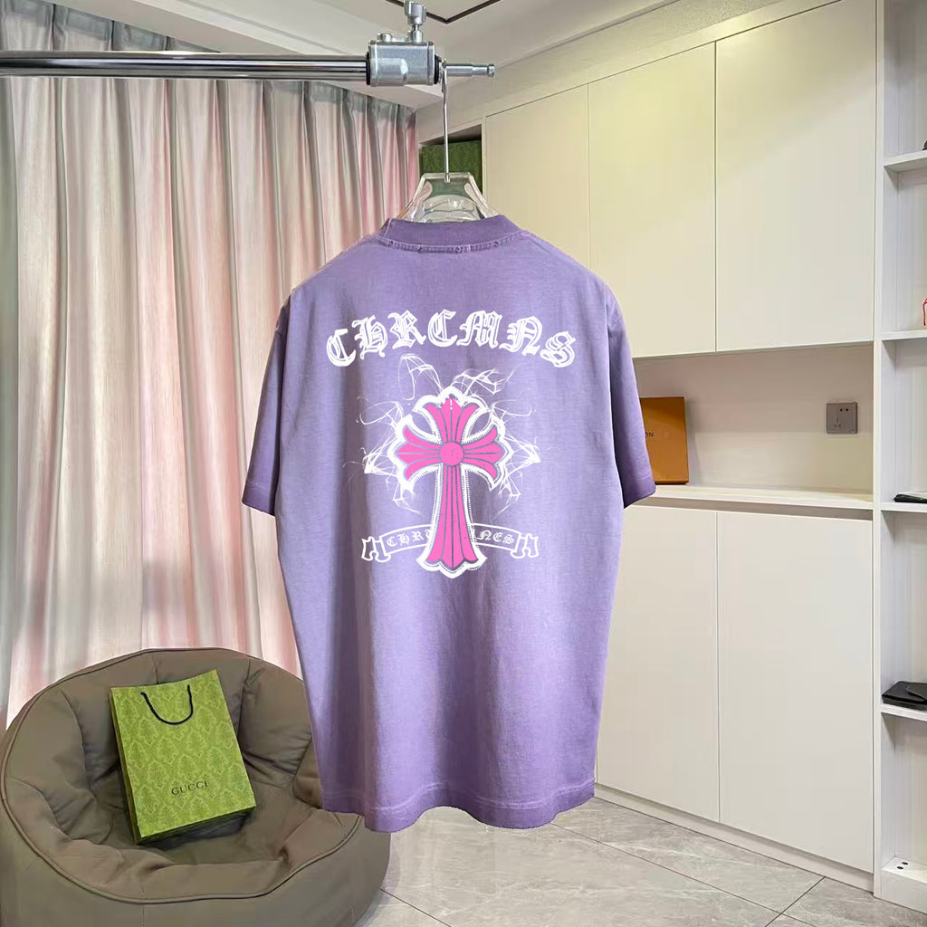 Lavender short-sleeve T-shirt with large pink cross graphic on the back