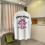 White short-sleeve T-shirt with large back pink cross graphic