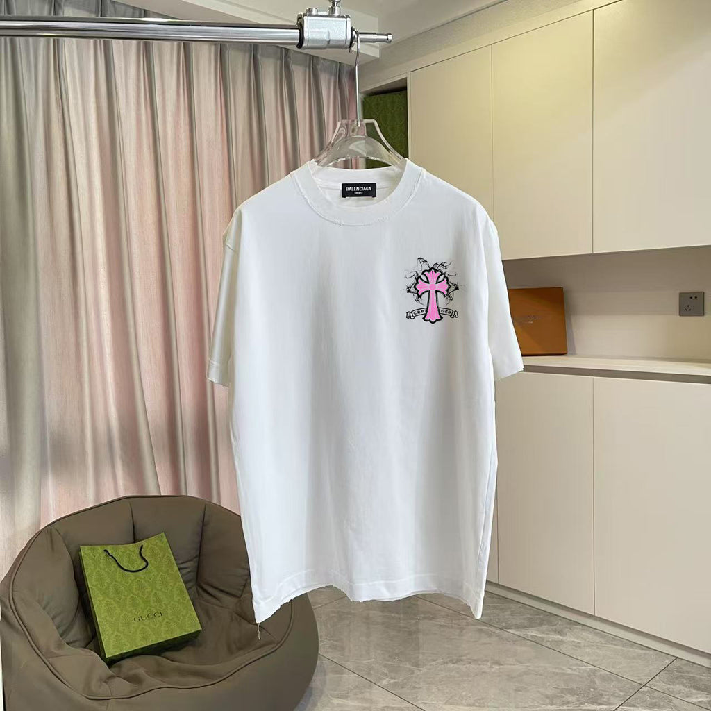 White short-sleeve T-shirt with small pink and black cross logo on the chest