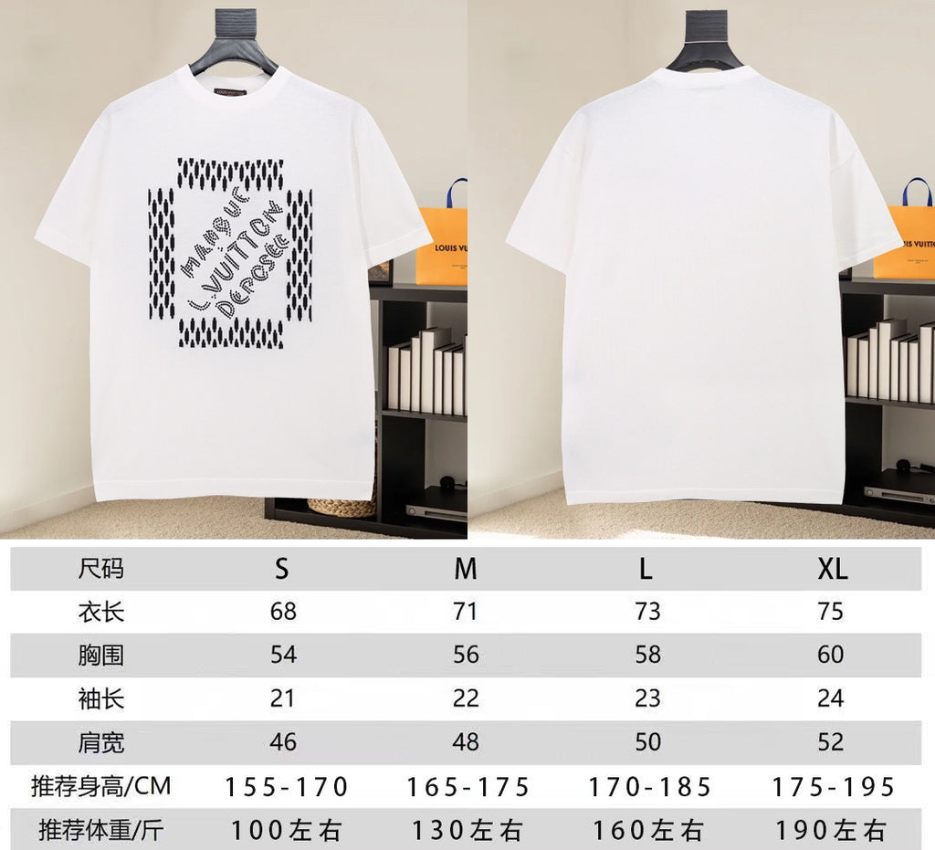 Louis Vuitton white T-shirt front and back views with size chart below