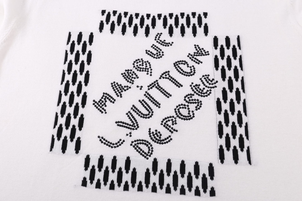 Louis Vuitton white T-shirt front graphic with black text and dotted details
